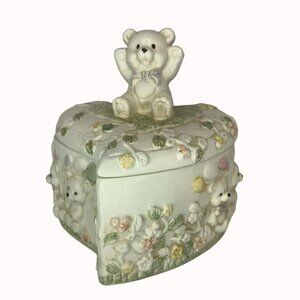 Vintage Porcelain Teddy Bear Heart-Shaped Trinket Box Pale Green Floral Details